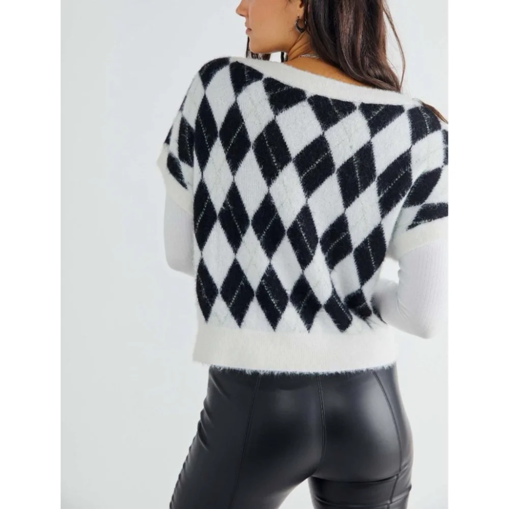 Free People SM Through The Motions Vest Cream Black Eyelash Knit V Neck Argyle